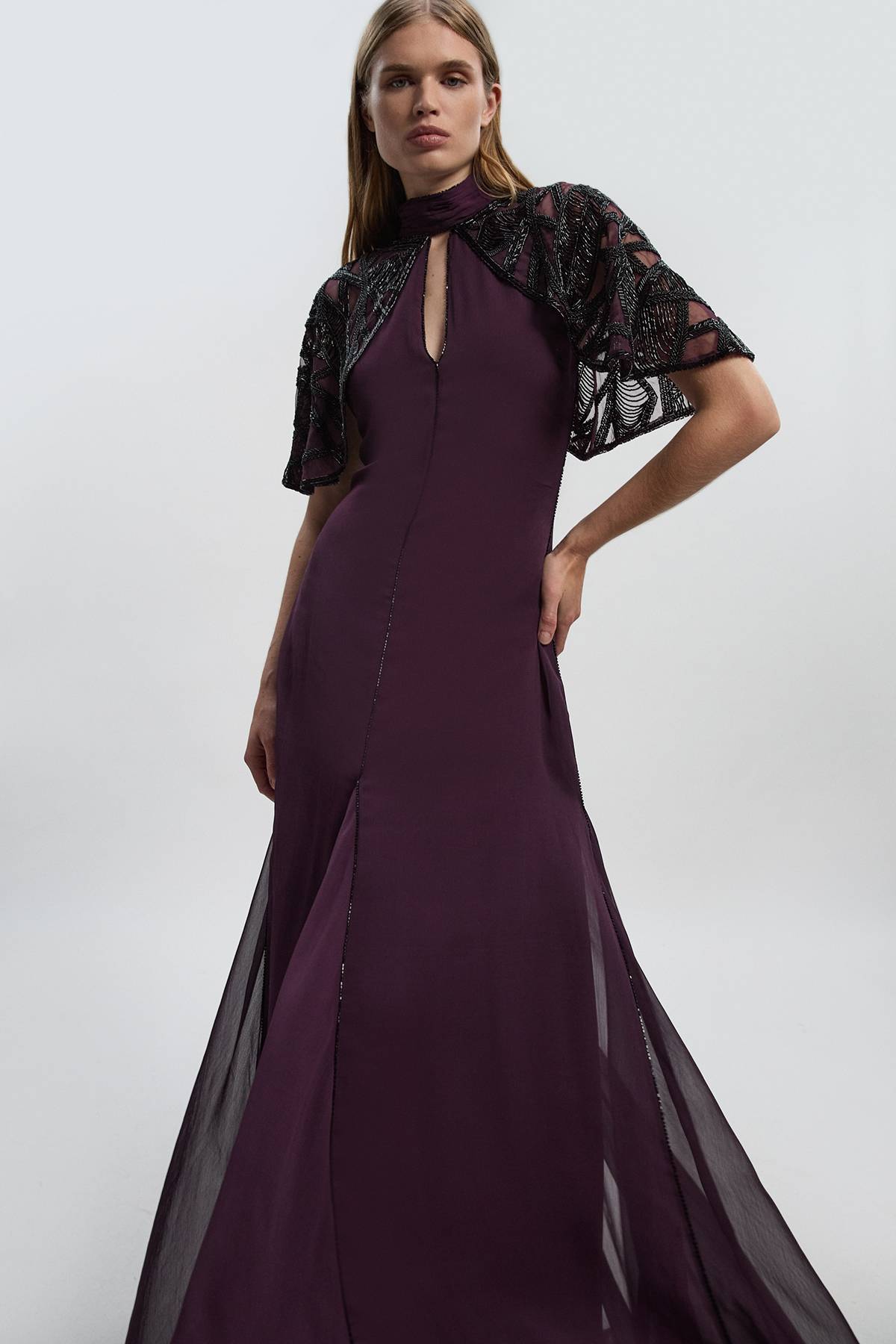 KarenMillen Robe Longue Tissée à Détail Cape Ajourée Ornée de Cristaux - Taille Petite