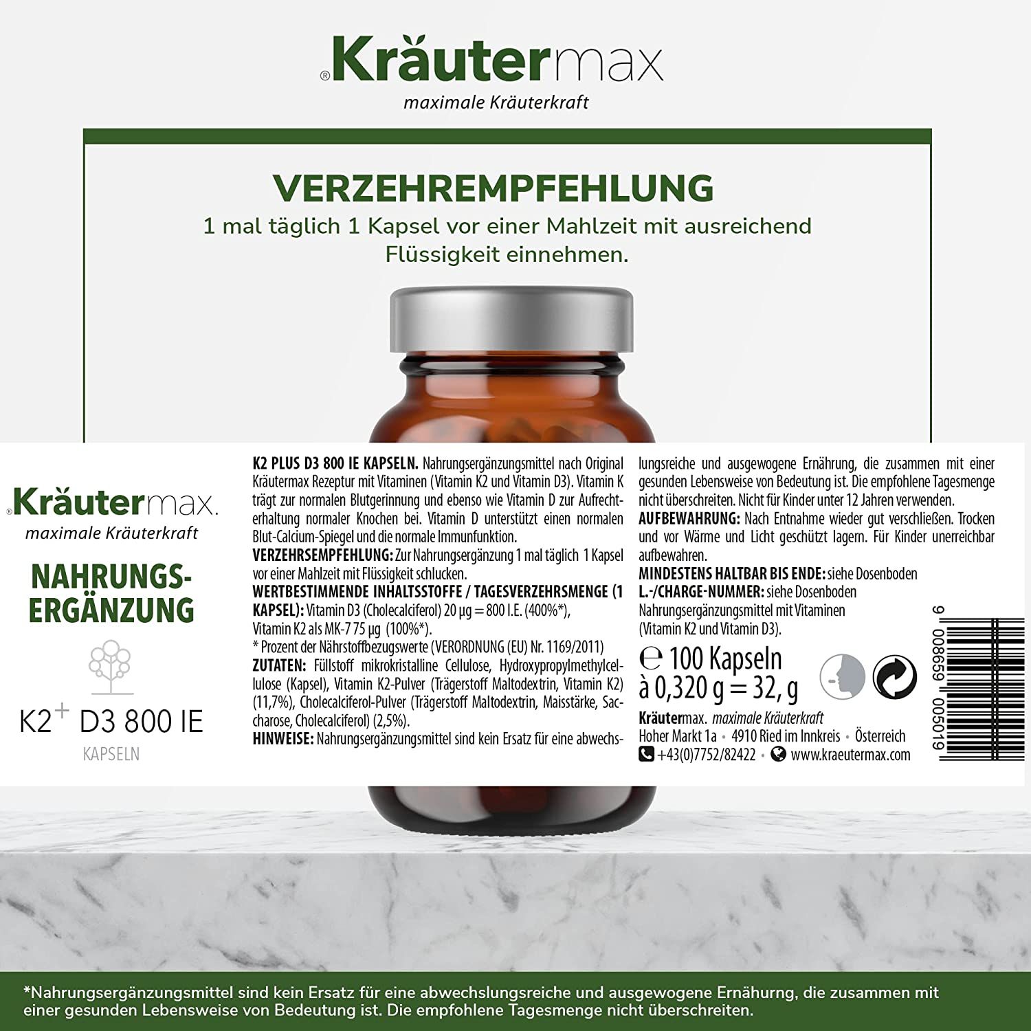 Kräutermax Vitamin K2 plus D3 800 IE Kapseln