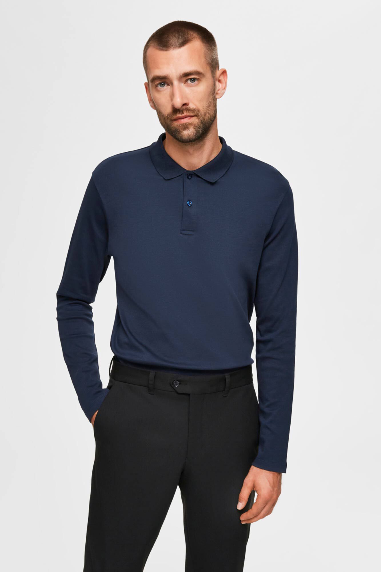 Camisa polo de manga comprida em algodão orgânico - Azul