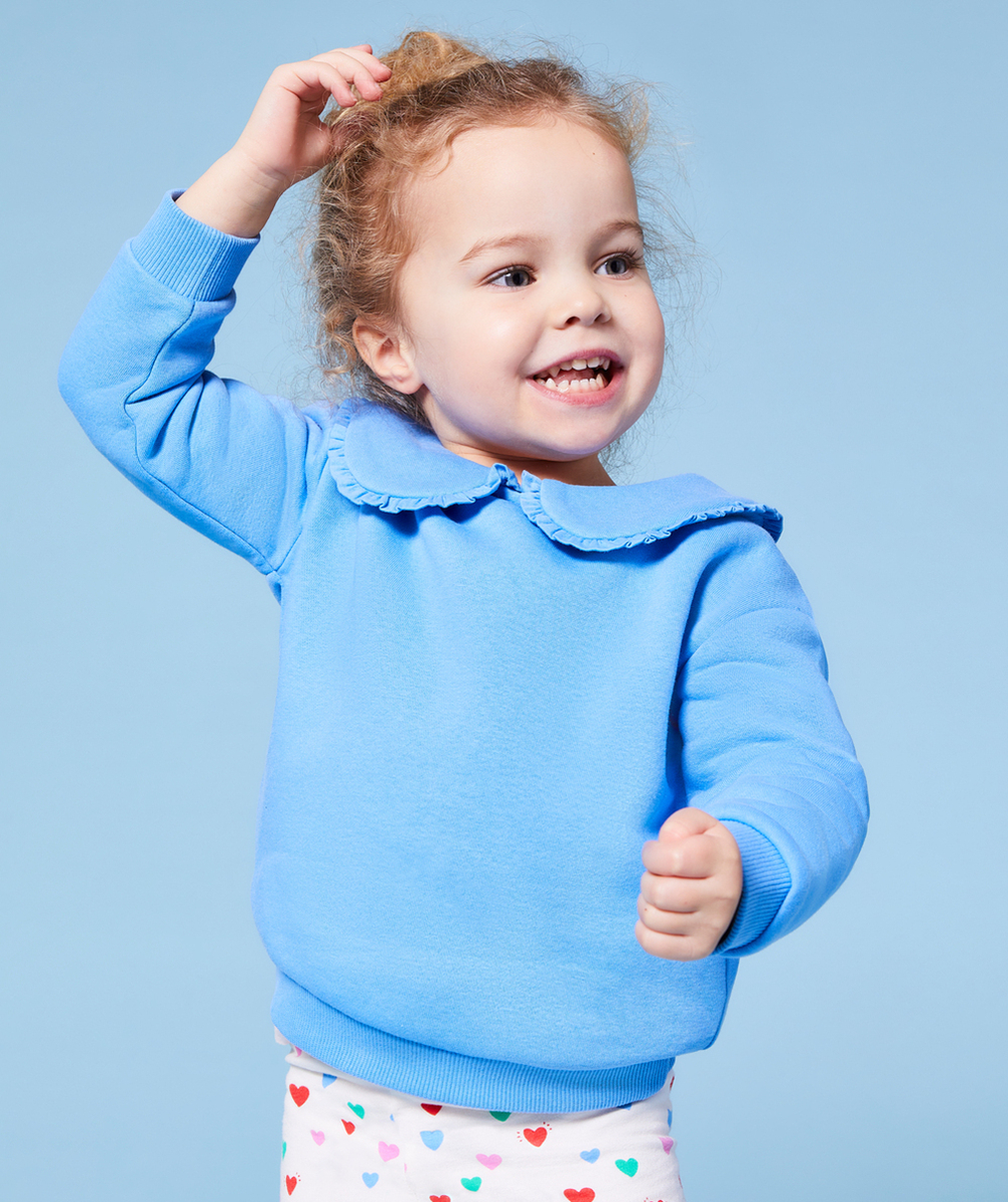 SWEAT BÉBÉ FILLE EN FIBRES RECYCLÉES BLEU AVEC COL CLAUDINE