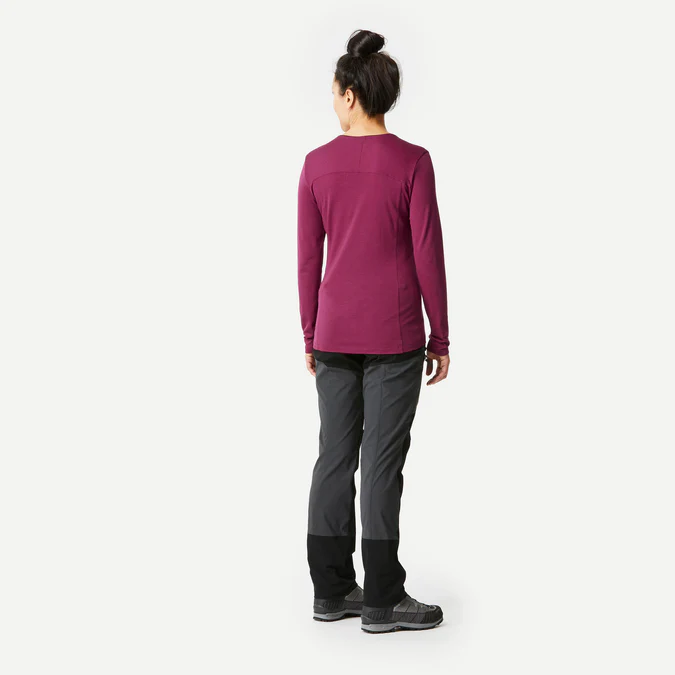 Decathlon Forclaz - Camiseta feminina de manga comprida Forclaz MT500 em lã merino - BORDÔ