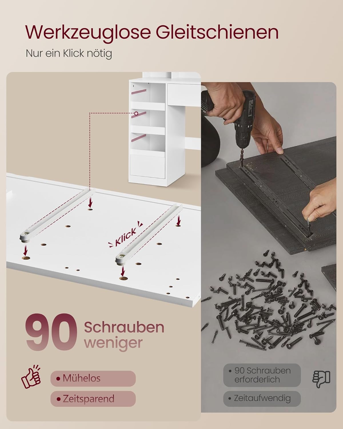 VASAGLE Kailyn Kollektion - Schminktisch mit Spiegel und LED-Leuchten, Hocker, Steckdosenleiste, 9 Schubladen, 10x Vergrößerungsspiegel, 3 Lichtfarben, werkzeuglose Gleitschienen, wolkenweiß