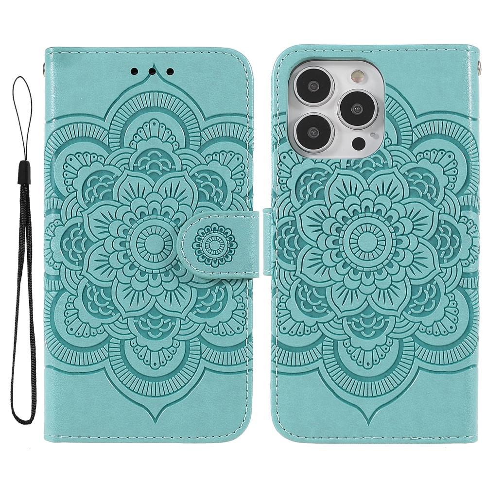 iPhone 13 Pro Leder Tasche Wallet - Mandala Flowers Imprint - Türkis