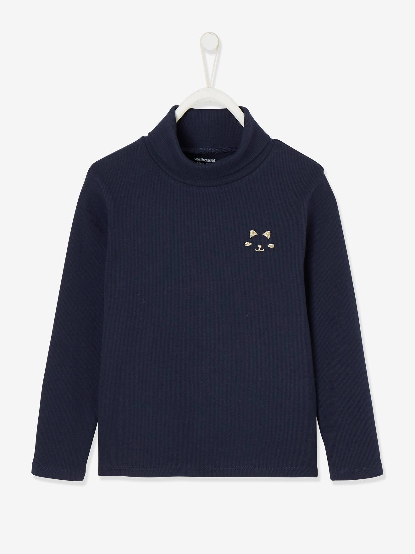 Camiseta de gola alta com estampa de gato iridescente no peito, para meninas, tamanho médio cinza mesclado
