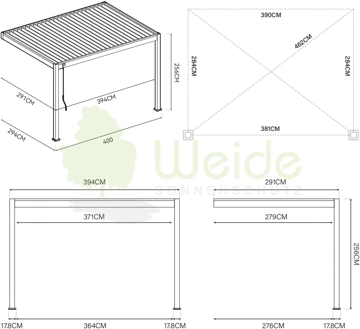 Pavillon Pergola 3x4m Terassenüberdachung mit Lamellendach verstellbar Gartenpavillon Hardtop wasserdicht stabil Winterfest Voll-Aluminium Grillpavillon Weide Premium Wall Weiß