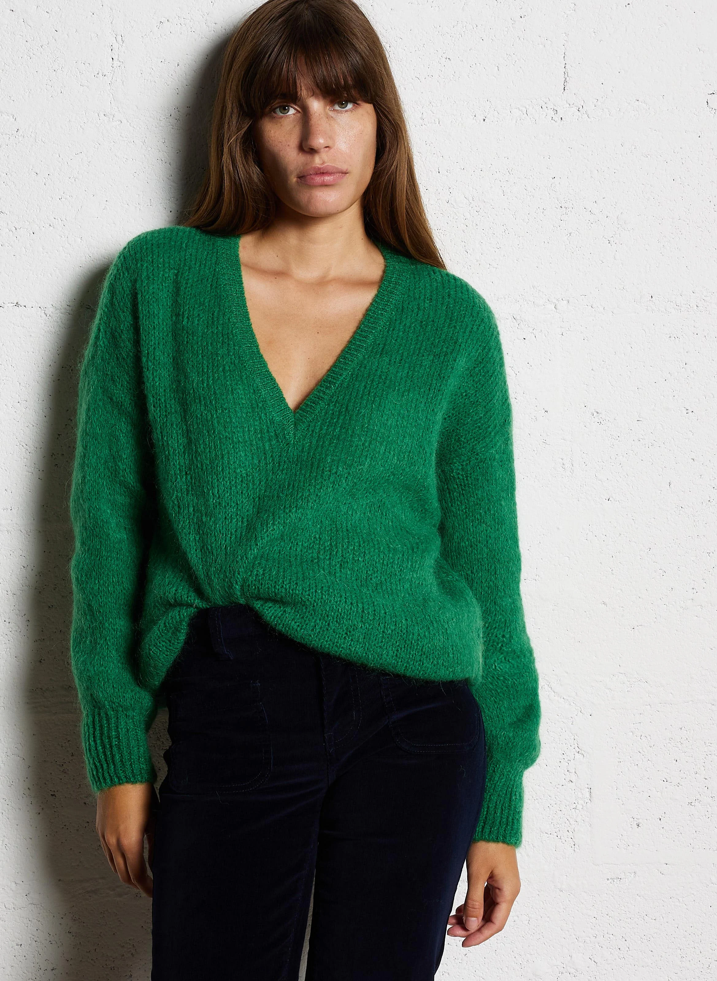 MELANIE - Pull oversize col V en laine mélangée | Vert