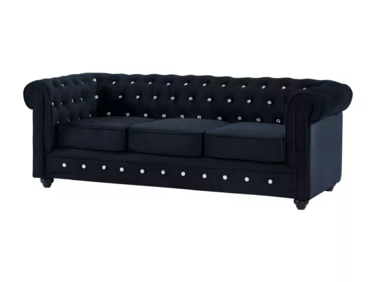 Canapé 3 places et fauteuil CHESTERFIELD - velours noir et boutons effet cristal