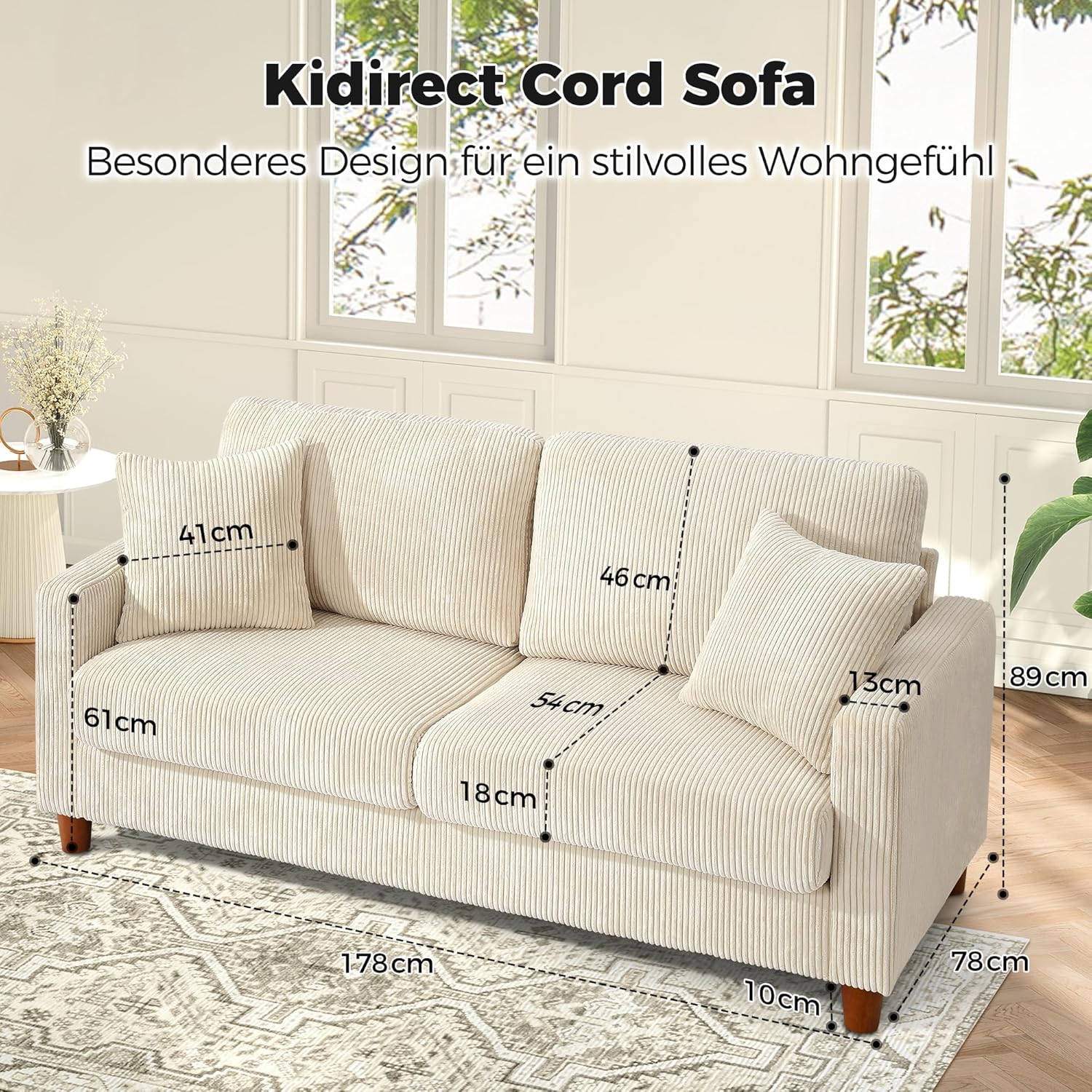 Kidirect Cord Sofa 3 Sitzer, 178CM Bequemes Couch 53CM Extra Tiefe Sitze, Sofa Wohnzimmer Werkzeugfreie Montage, Big Sofa Couch mit 2 Kissen, Modernes Couch fürs Büro, Schlafzimmer Sofas Beige