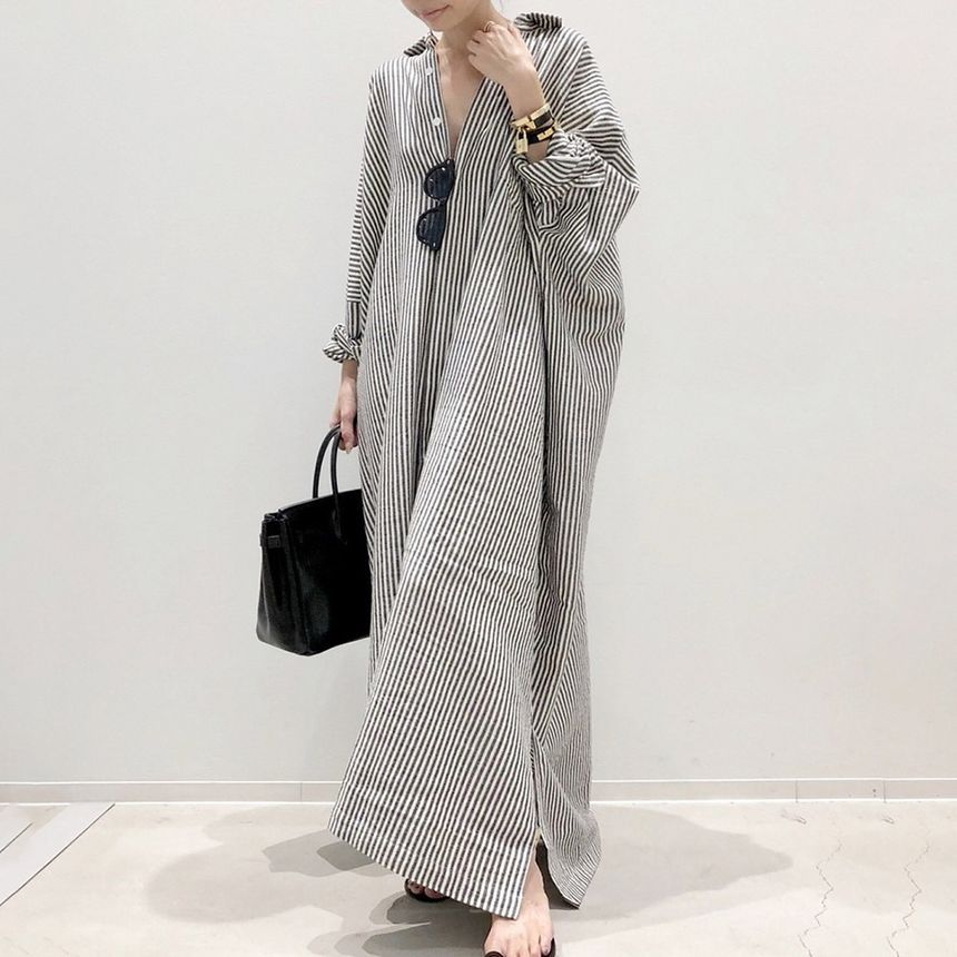 YARU - Gestreepte maxi-jurk met lange mouwen