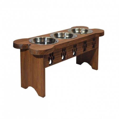 Comedouro para cães em formato de osso, cor madeira escura.