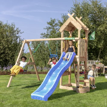 Speeltoestel Jungle Gym Totem met blauwe glijbaan en dubbele schommel van douglashout