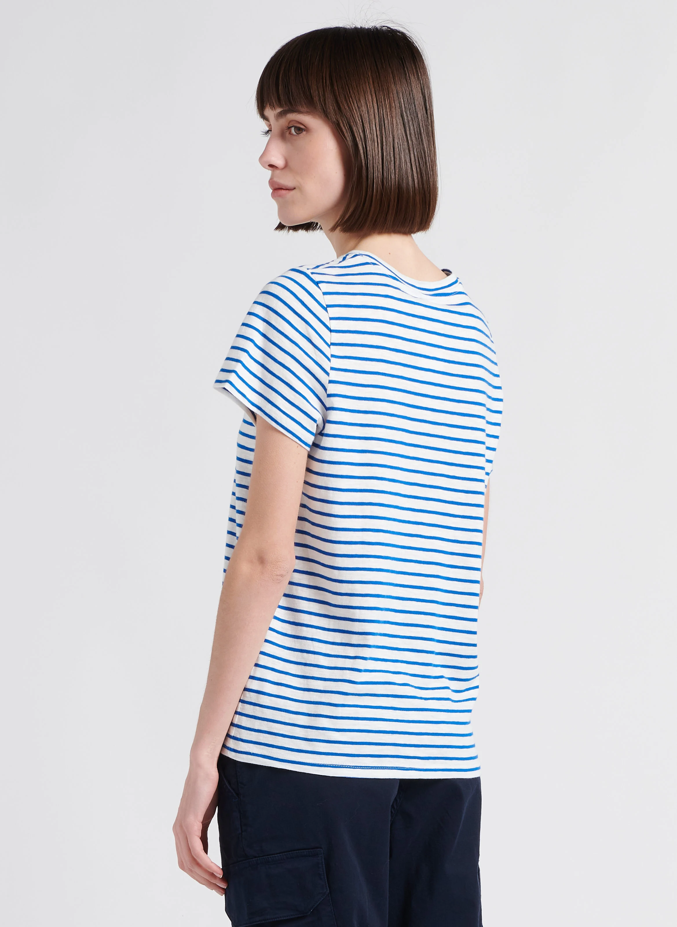 Tee-shirt col rond à rayures en coton| Blanc