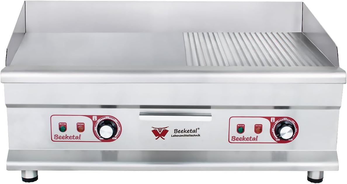 Beeketal 'BGP-7' Profi Gastro Grillplatte elektrisch mit gerillter und glatter Grillfläche (75 x 40 cm) aus 10 mm dickem Gusseisen, 2 Zonen stufenlos regelbar je 50-300 °C (2 x 3200 Watt)