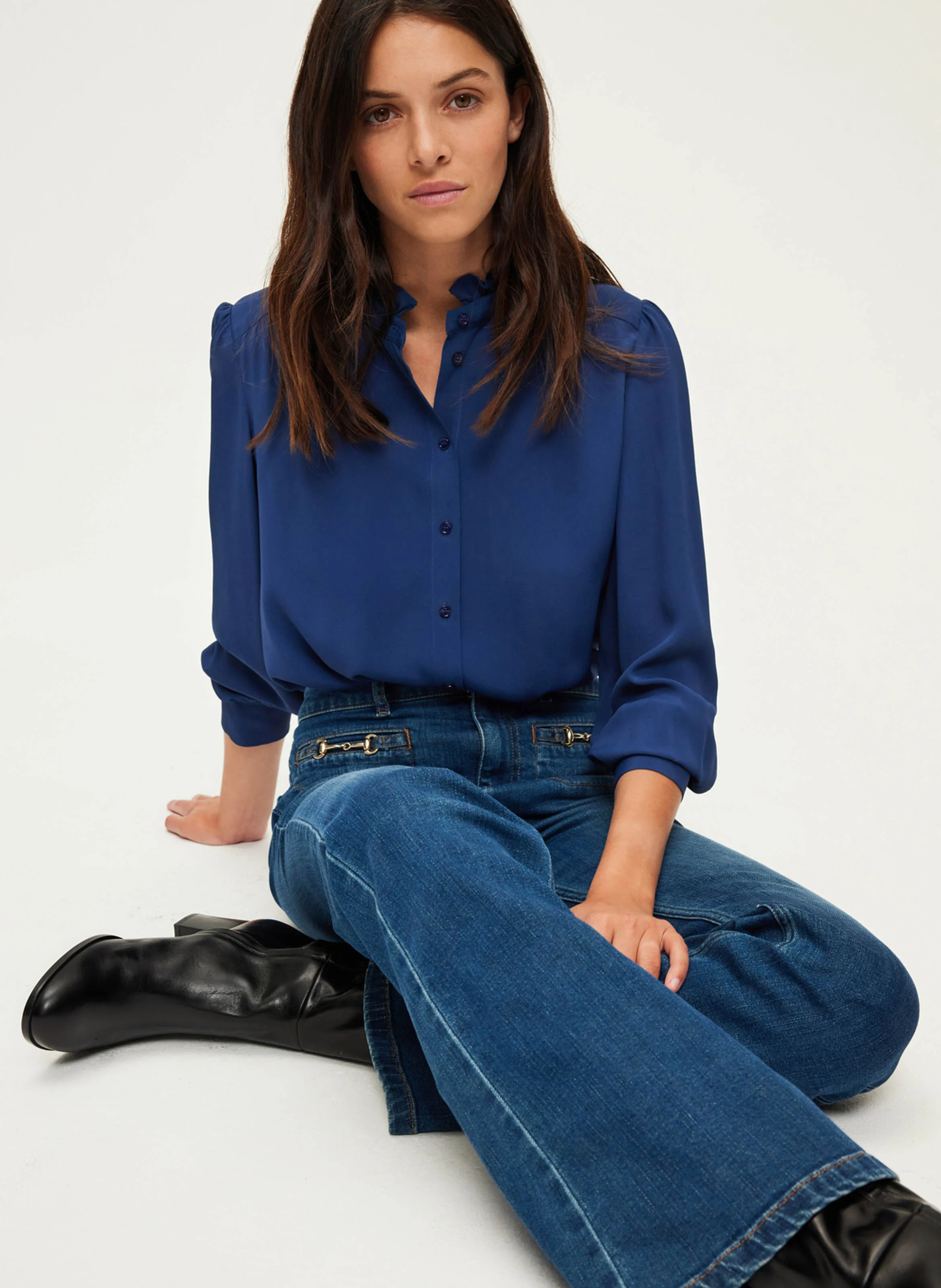 BRUNHILDE - Chemise fluide droite col montant | Bleu