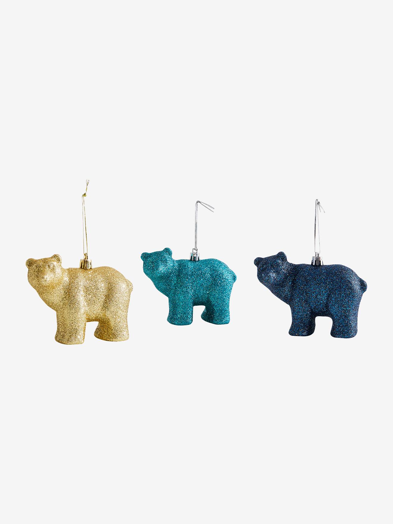 Conjunto de 3 enfeites de Natal: urso liso verde escuro com glitter e motivos diversos.