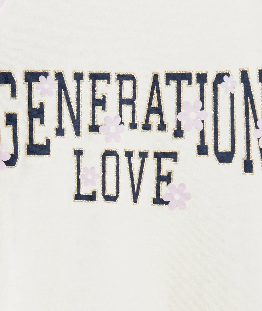 T-SHIRT FILLE EN COTON BIO MAUVE ET BLANC AVEC MESSAGE PAILLETÉ
