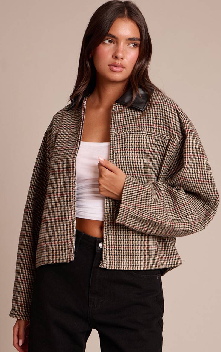 Marron Veste Zippée À Col En Synthétiquecuir À Carreaux