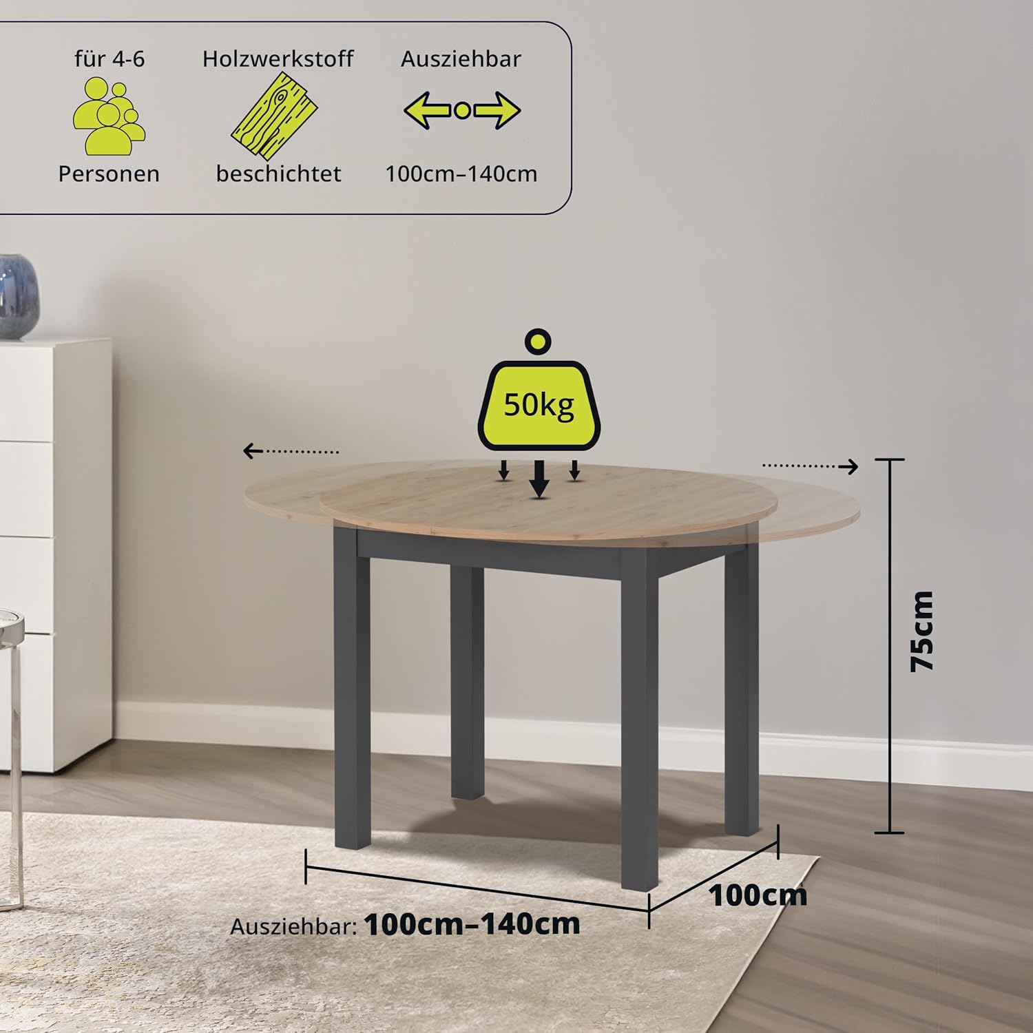 smart Esstisch Rund 100 cm Asteiche, Küchentisch ausziehbar bis 140 cm, Esszimmertisch aus Holzwerkstoff inkl. erweiterbare Auszugsplatte, moderner Tisch für bis zu 6 Personen