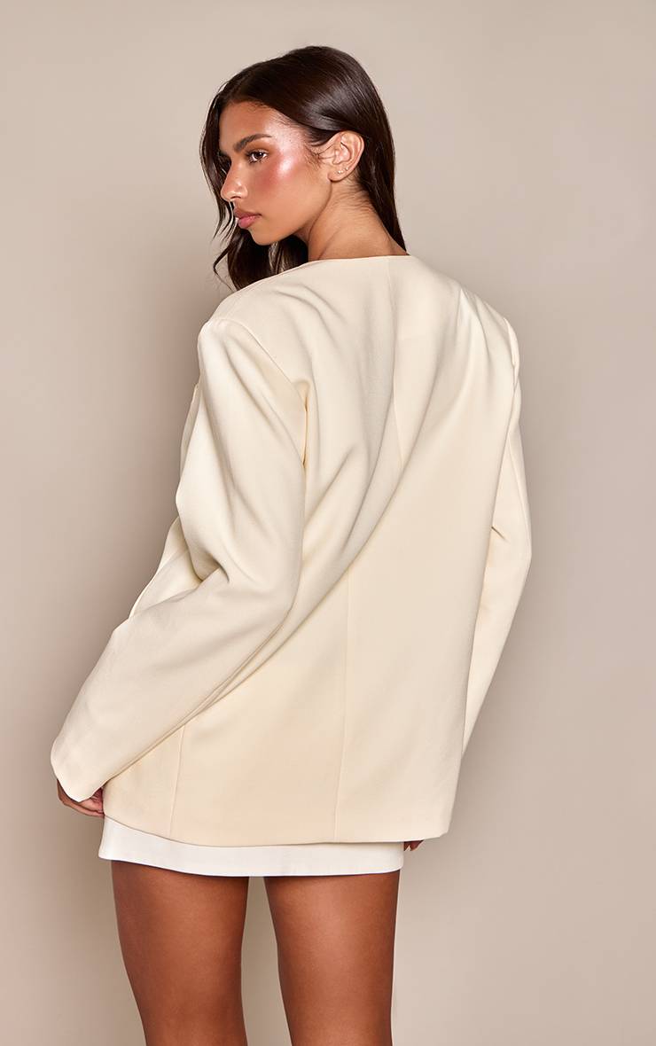 Butter Cream Blazer Beige Rayé Sans Col Asymétrique Ajusté
