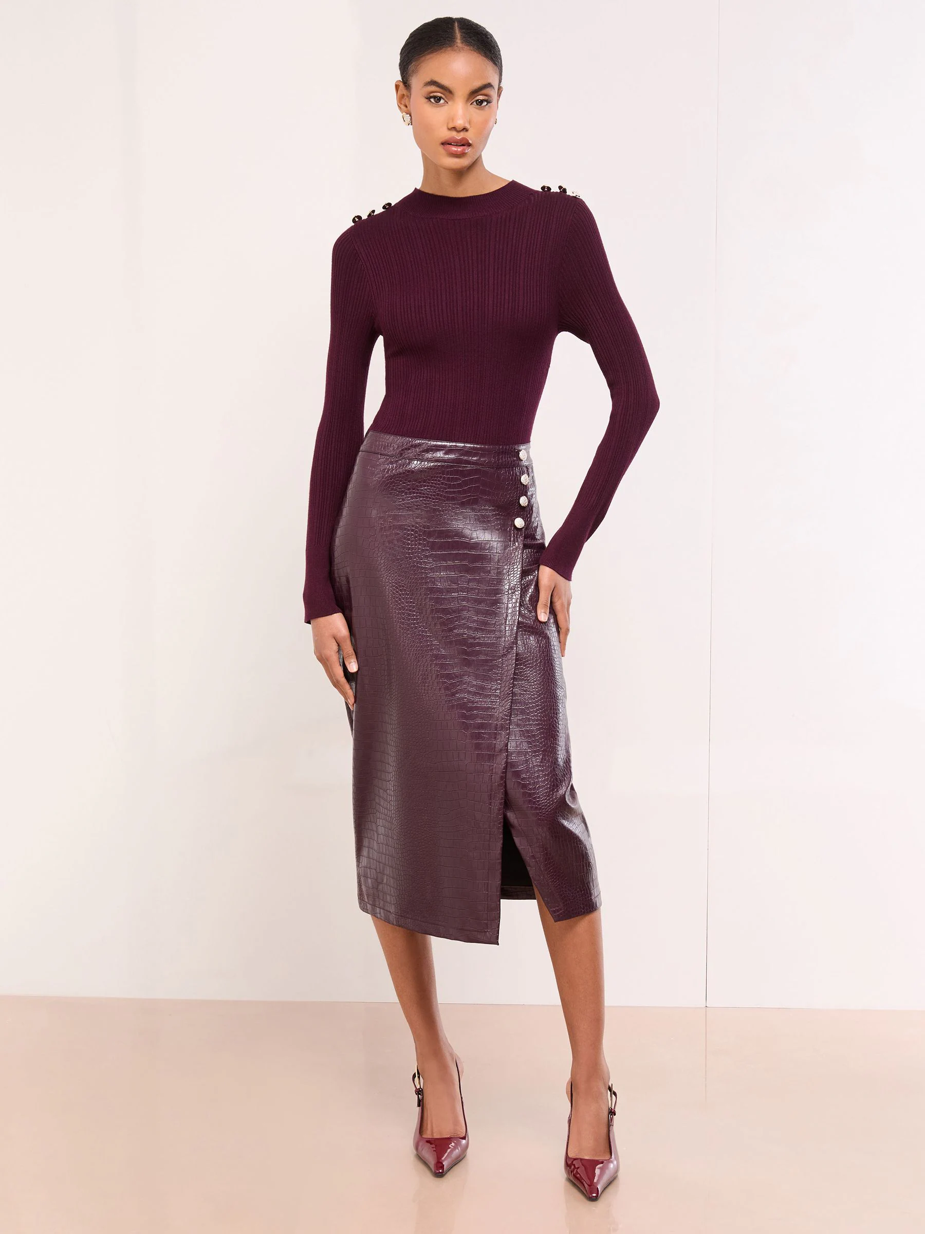 Lipsy Faux Leather 2-In-1 Crew Neck Long Sleeve Knitted Midi Dress