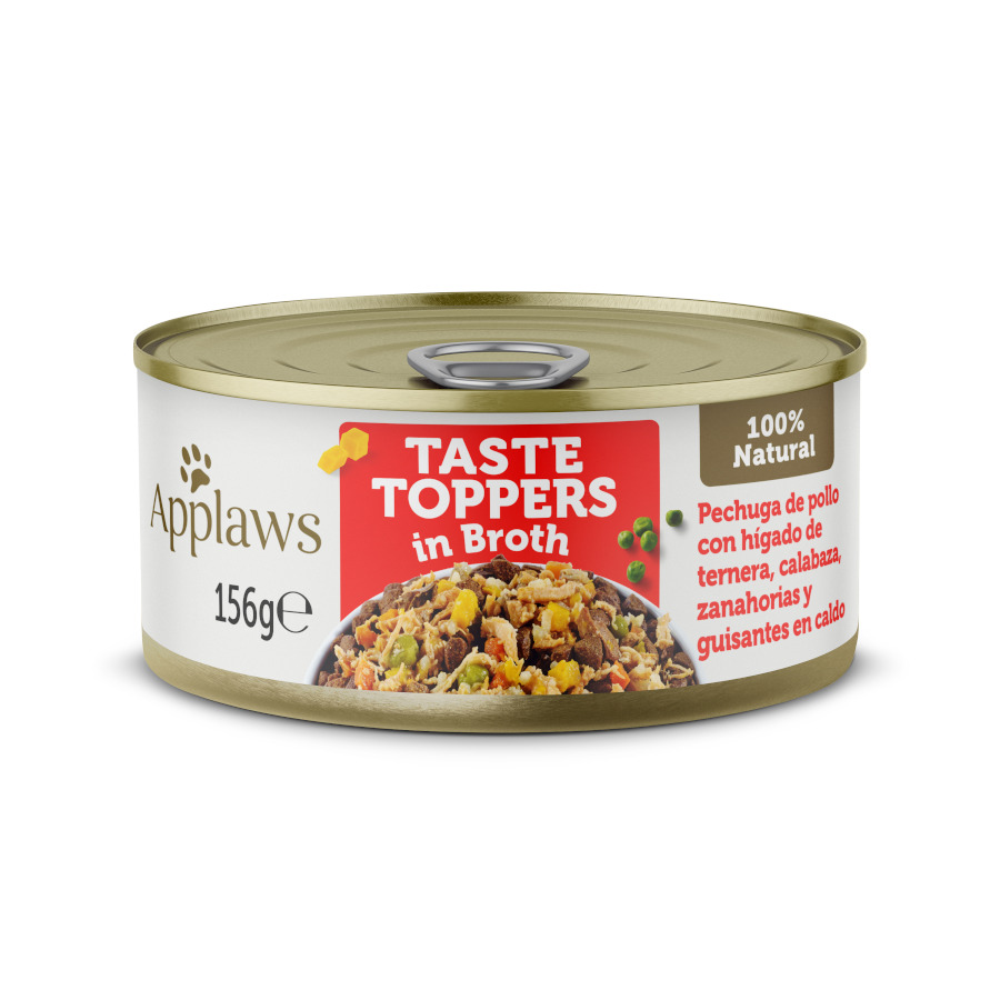 Applaws Taste Toppers, lata de 156g, sabor frango com fígado bovino e vegetais em caldo, para cães.