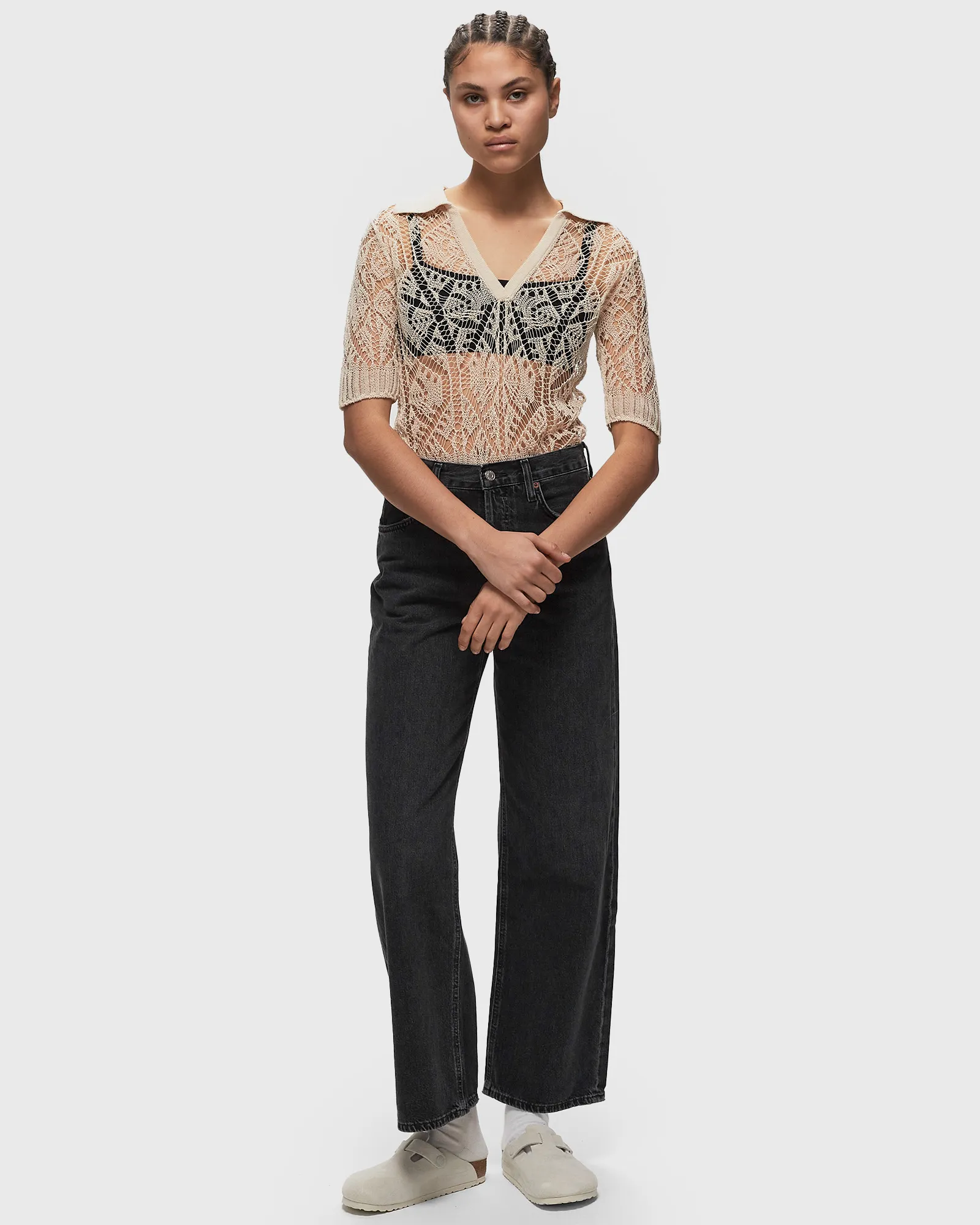 Ganni Thin Cotton Lace Short Sleeve Polo