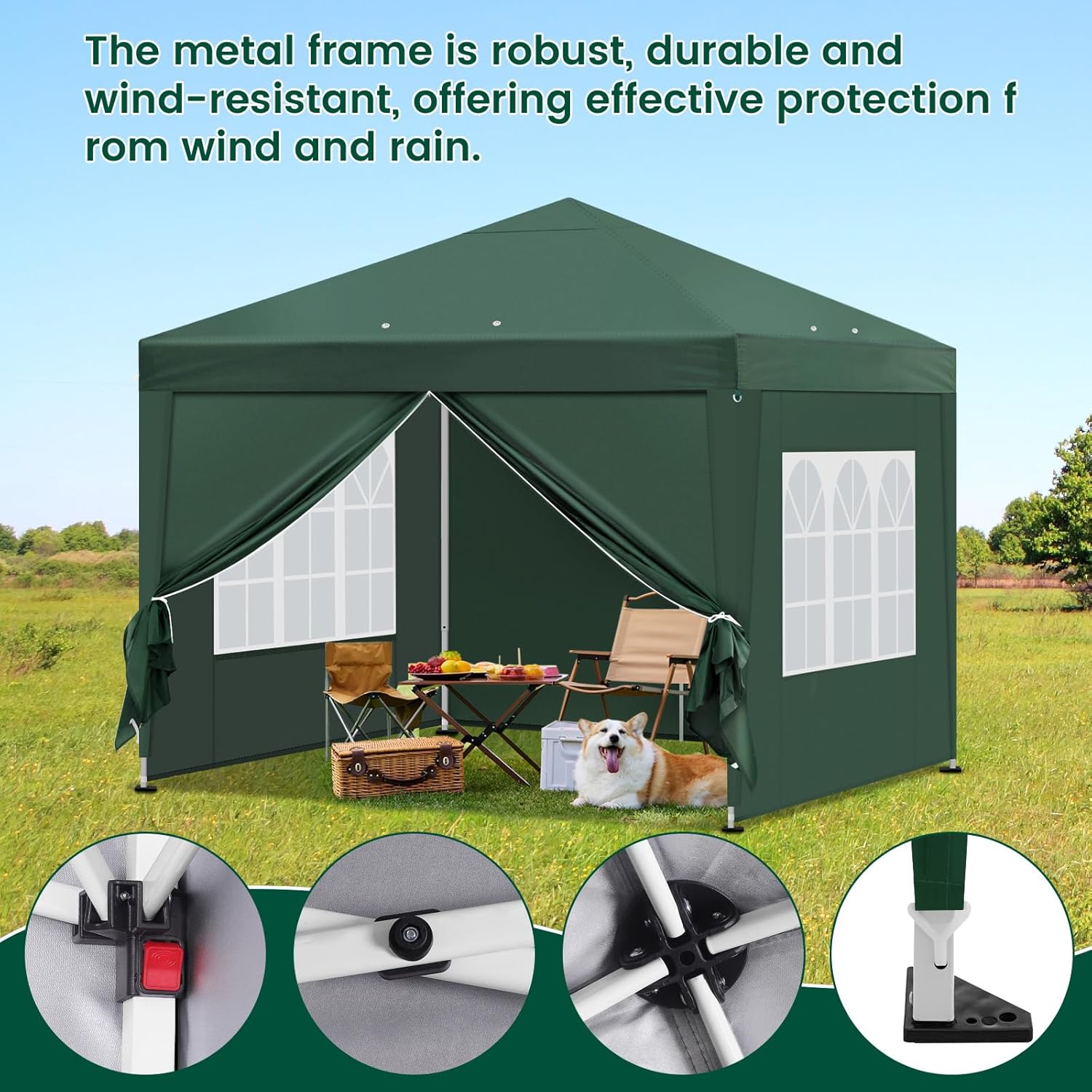 Laneetal Pavillon 3x3 m faltbar, Pop-Up Faltpavillon wasserfest Winterfest, Grillpavillon stabil, Gartenpavillon mit Seitenwänden Fenstern Tasche, für Camping Strand Garten, Grün