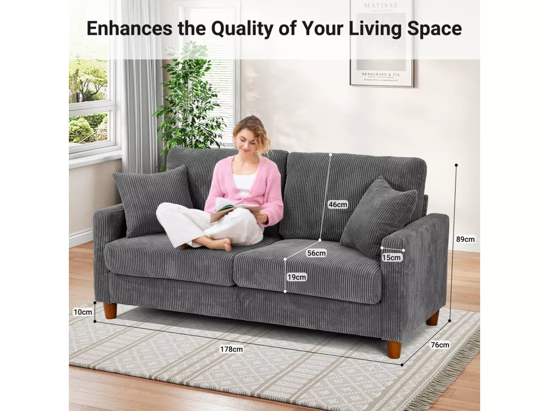 Canapé en Velours Côtelé 2 Places,Grand Canapé Droit Rembourré Moderne avec Sièges extra profonds de 56cm - 2 Coussins - 178x76x89cm - Gris