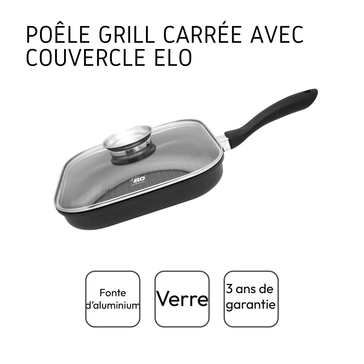 Poêle gril carrée 28 cm en fonte d'aluminium avec couvercle Alucast El
