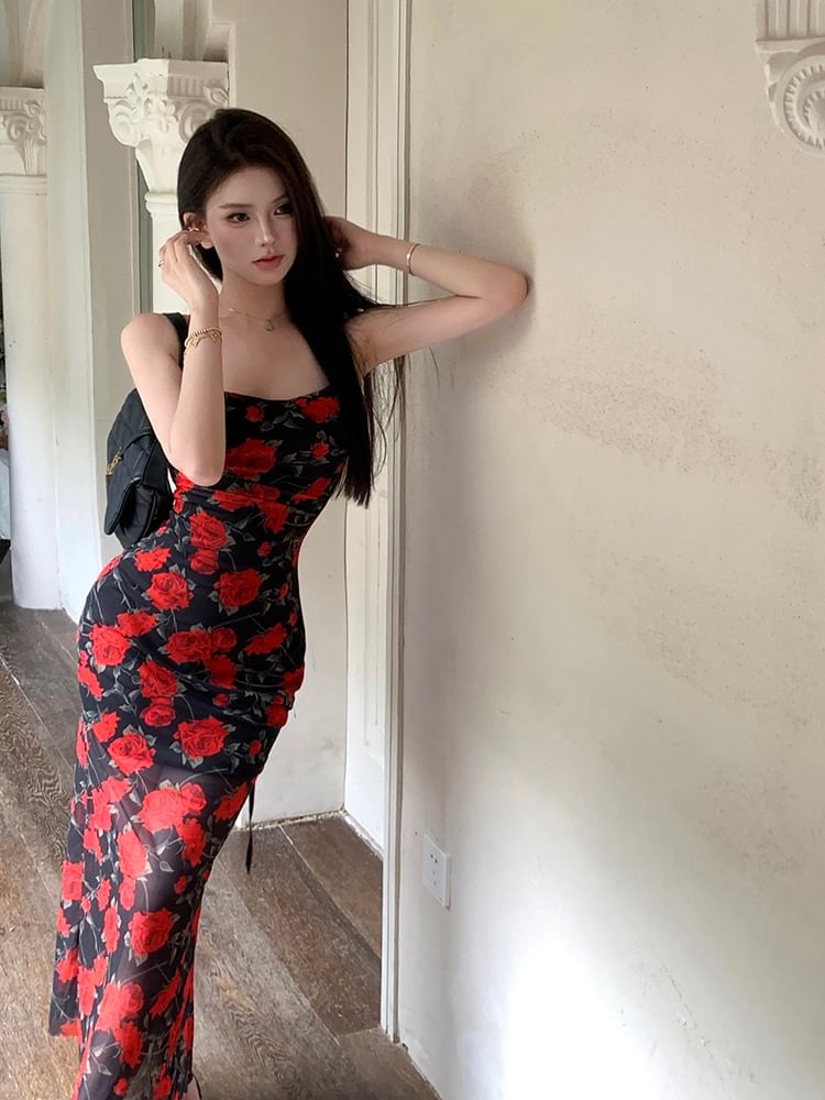 Flowerisque - Maxi-jurk met spaghettibandjes, bloemenprint en strikbandjes op de rug