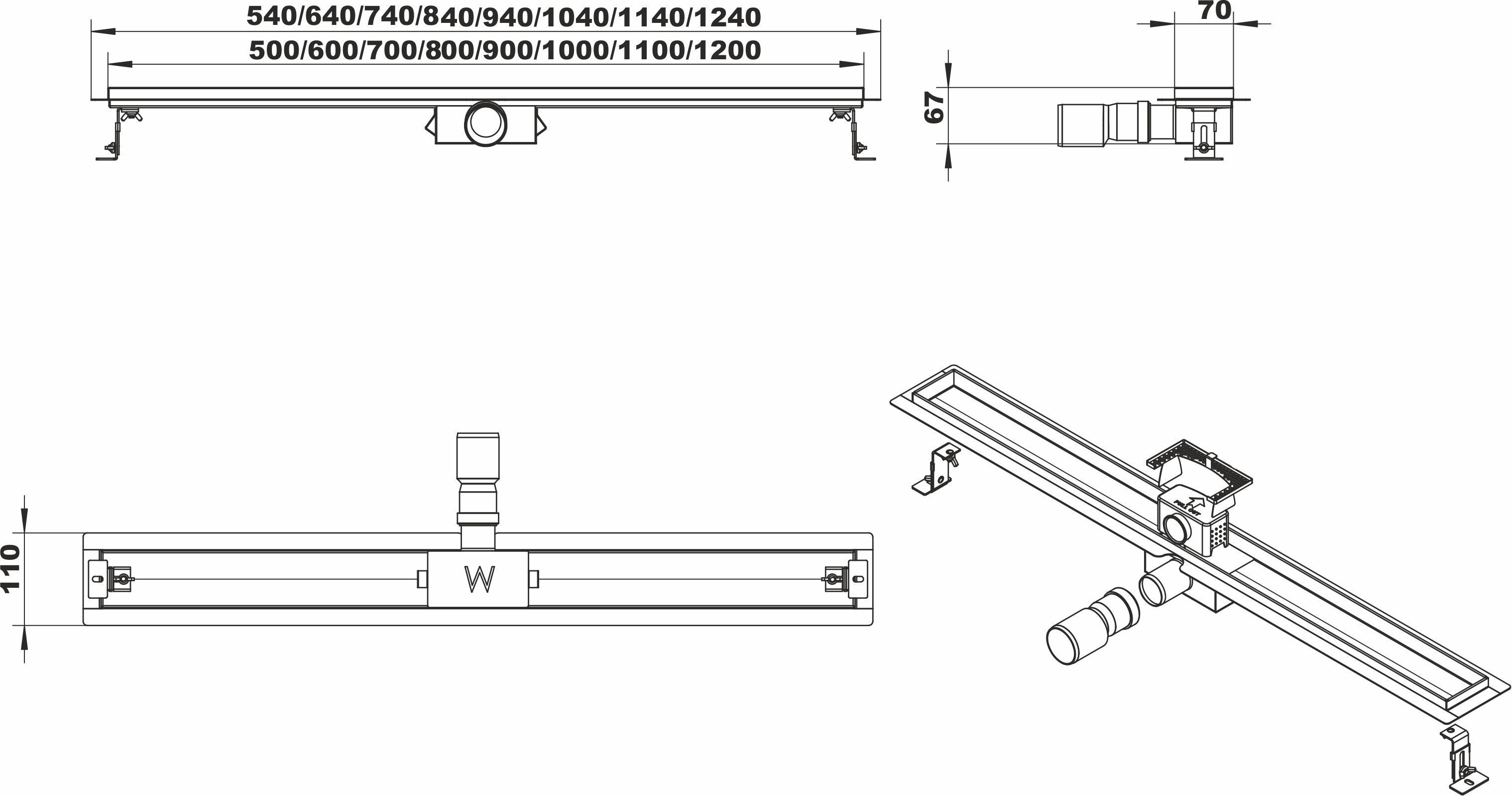 Mueller RVS douchegoot met zwart rooster 70cm