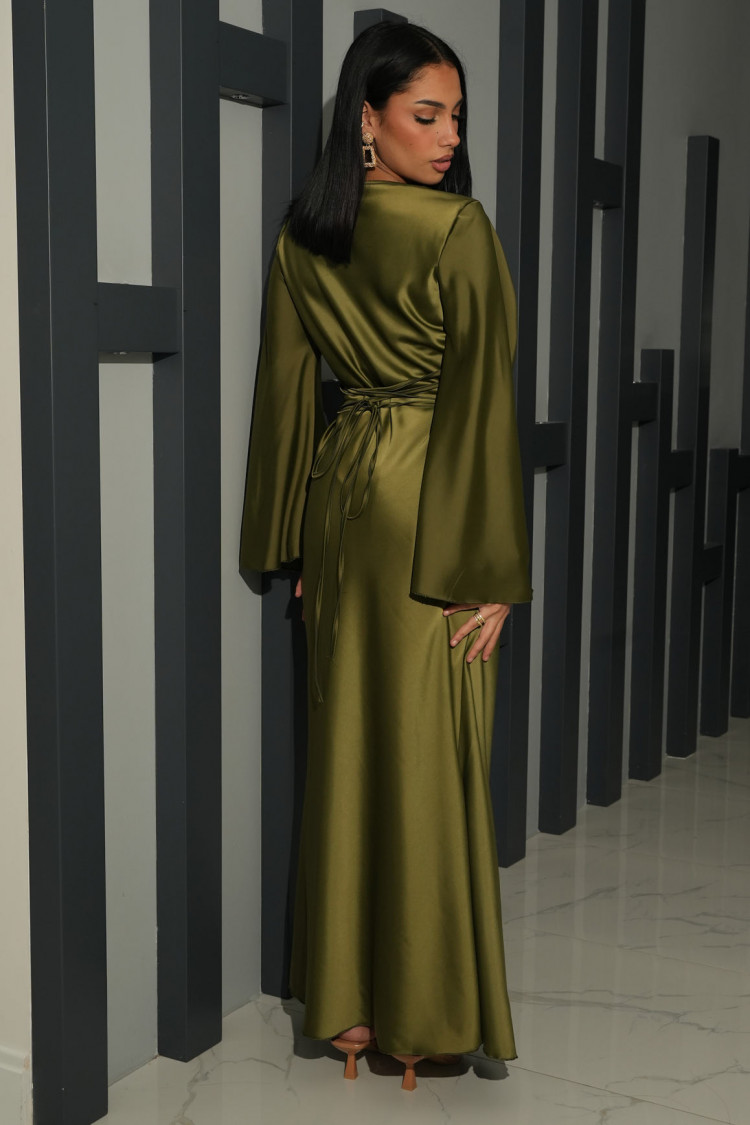 Robe ample satinée et ajustable au dos kaki