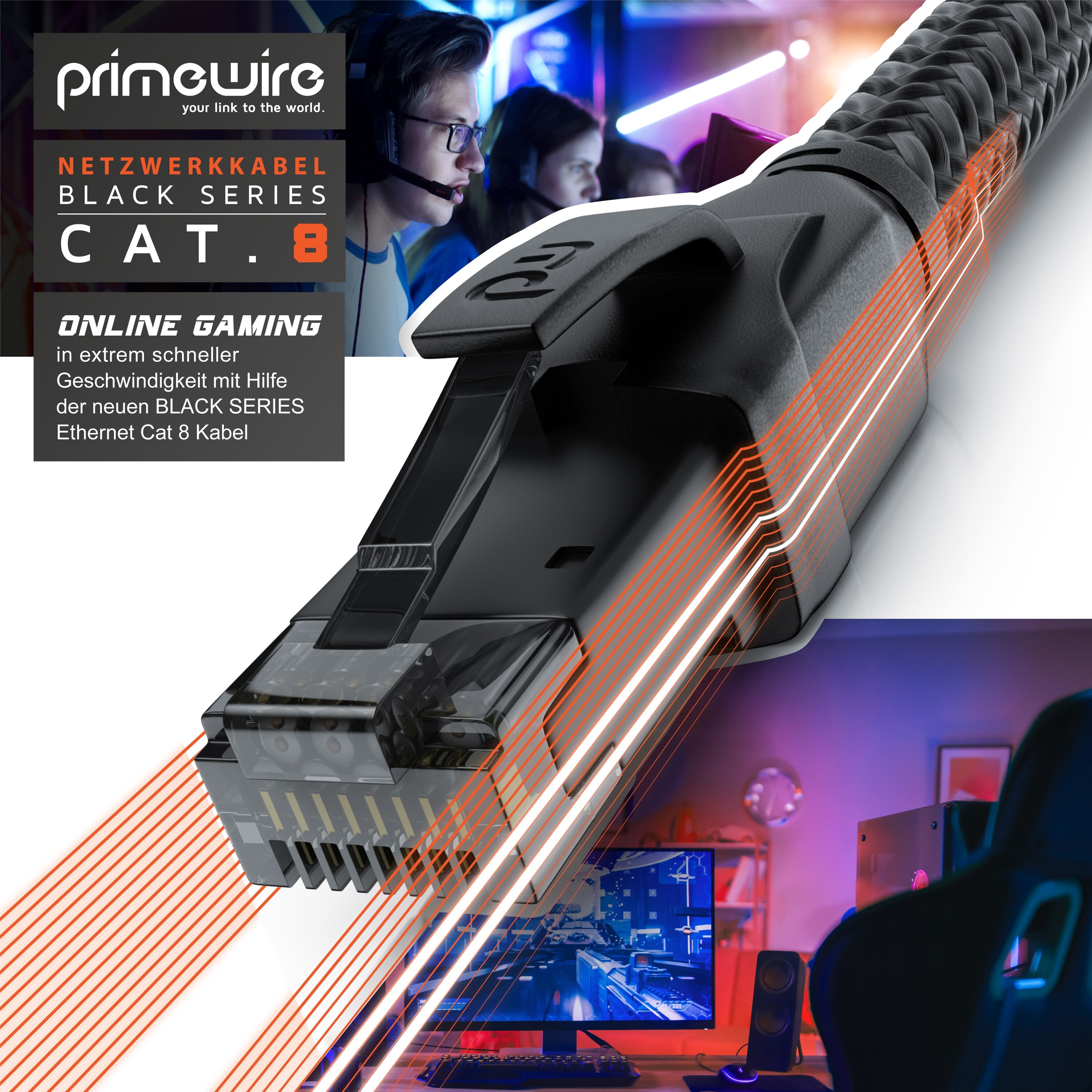 Primewire Patchkabel CAT 8 mit Baumwollummantelung, Gigabit Ethernet LAN Kabel - Black Series, 40 Gbit/s - S/FTP PIMF Schirmung, Netzwerkkabel - 5m