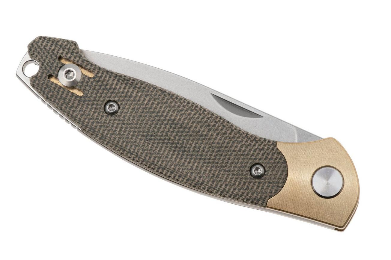 GiantMouse ACE Farley V2 BRASS-B-GRN Stonewashed Elmax, Brass Bolster, Green Micarta, zakmes, Ansø en Voxnaes design