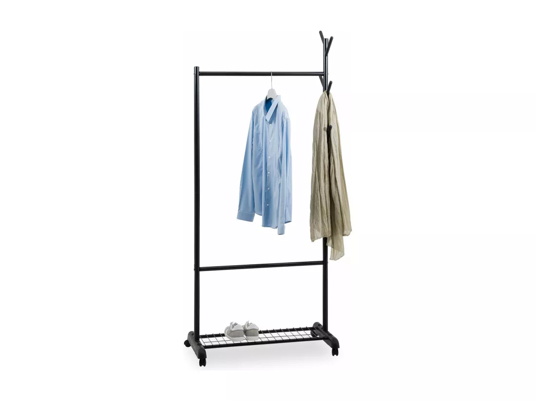 Penderie mobile AURIGO avec portemanteau, portant à vêtements sur roulettes, avec étagère à chaussures, en métal laqué noir