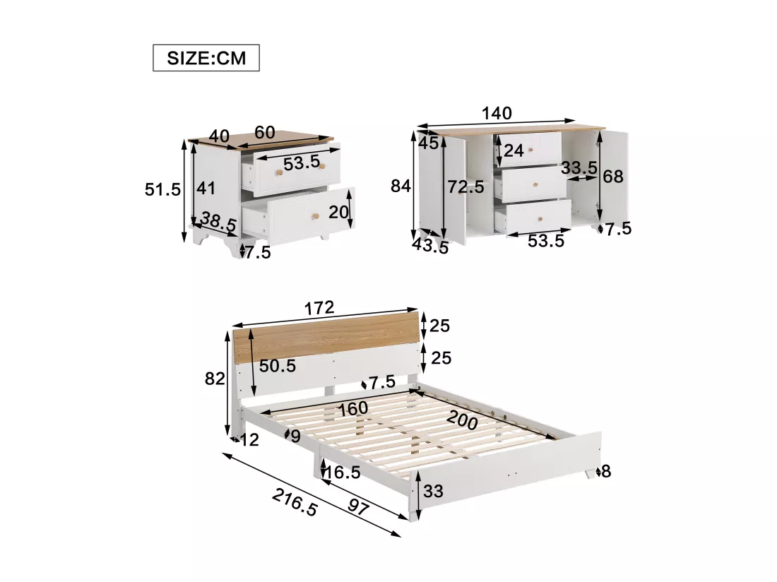 Ensemble lit adulte 160x200 cm en bois + Commode + Table de chevet - Blanc & Naturel