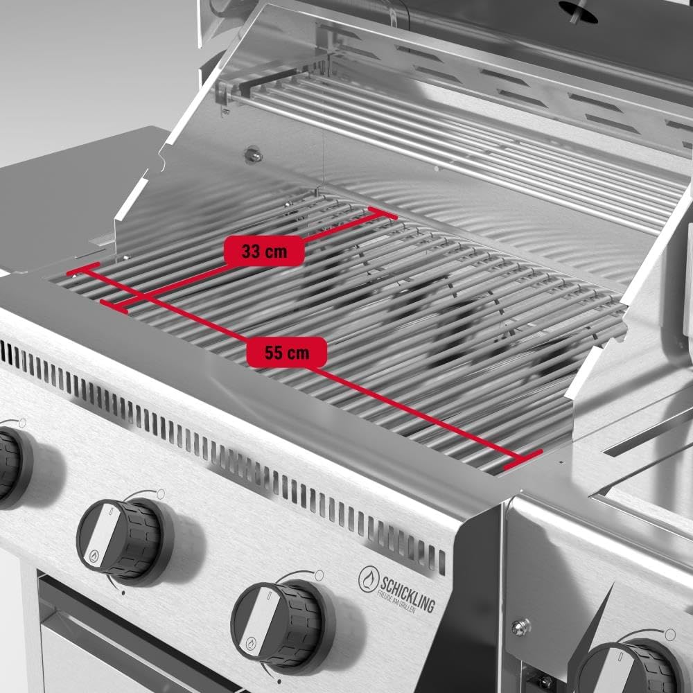 Schickling Gasgrill 'Henry L - Deluxe' Edelstahlgrill Grillwagen mit Unterschrank, Doppelwandigem Deckel, 3 Brenner, 800 Grad Seitenbrenner & 3-teiligem Grillrost - Made in Germany