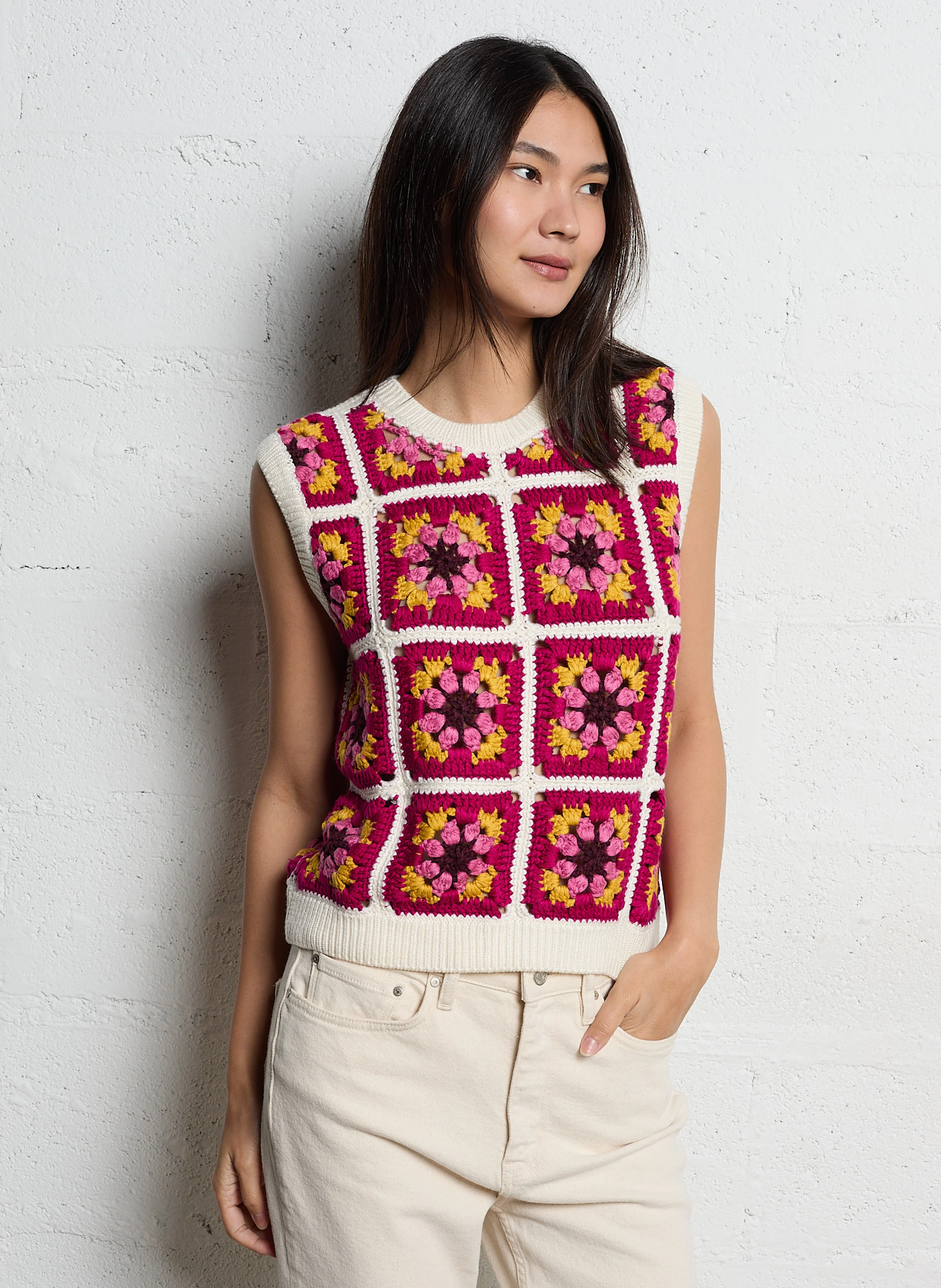 MARCY - Pull col rond à motif floral | Blanc