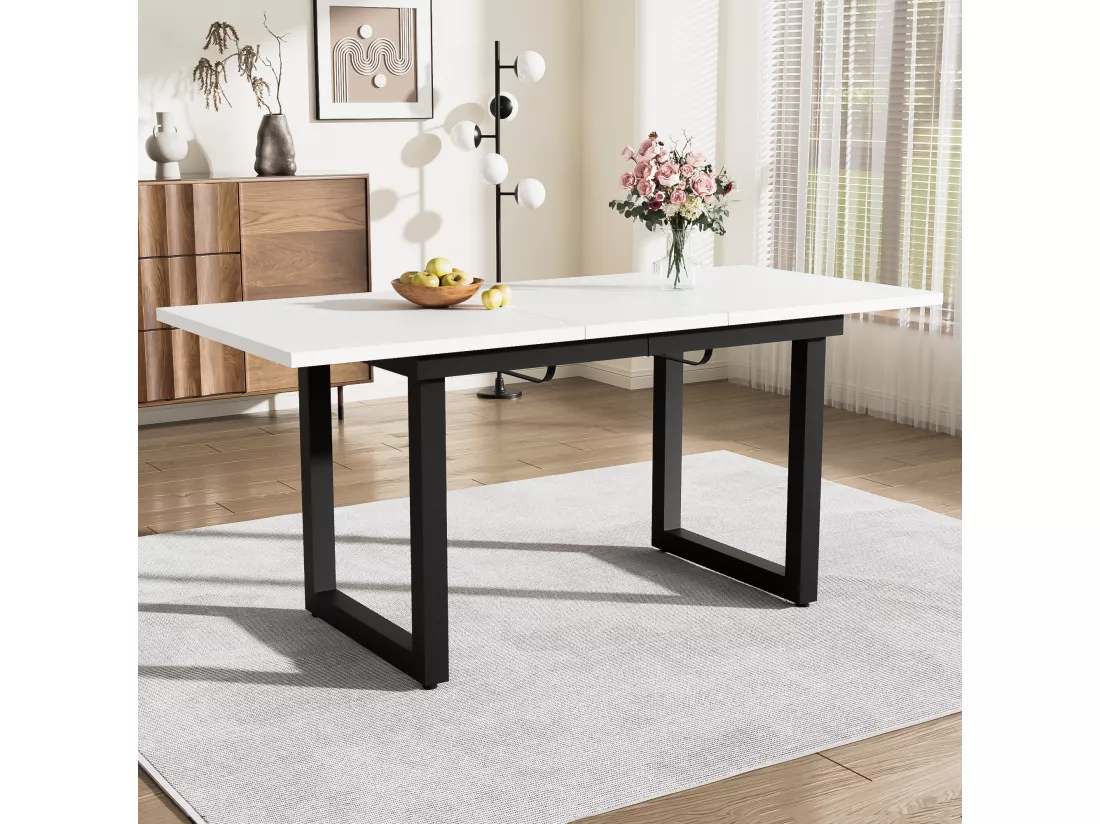 Table à manger extensible 4 à 6 couverts - 140/180 x 80 x 75 cm - MDF et pièds en fer - Effet marbre - Blanc