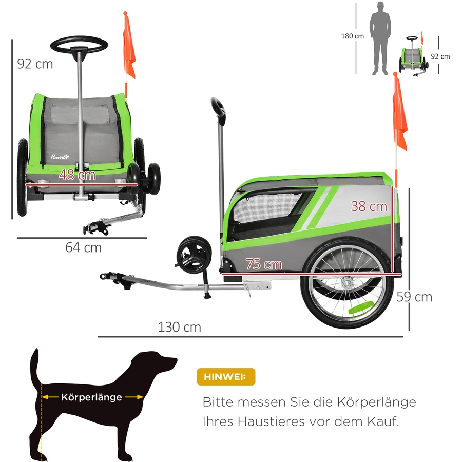 PawHut Hundeanhänger 2 in 1 Trolley grün, grau, silber