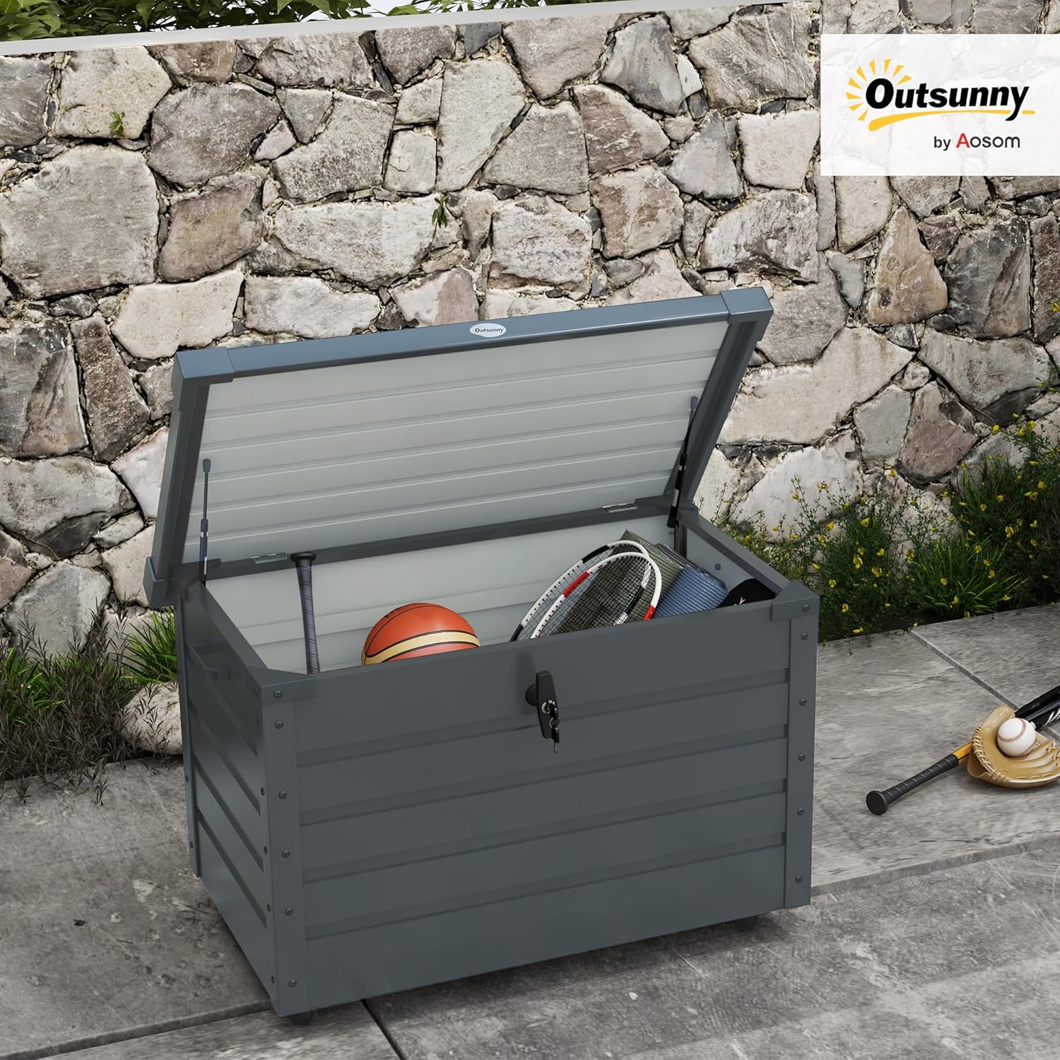Outsunny Gartenbox Metall 295 Liter Auflagenbox mit Griffen Rollen Schloss Wasserdicht Abschließbar Gartentruhe Outdoor Kissenbox wetterfest Aufbewahrungsbox für Garten Balkon 100 x 62cm Dunkelgrau