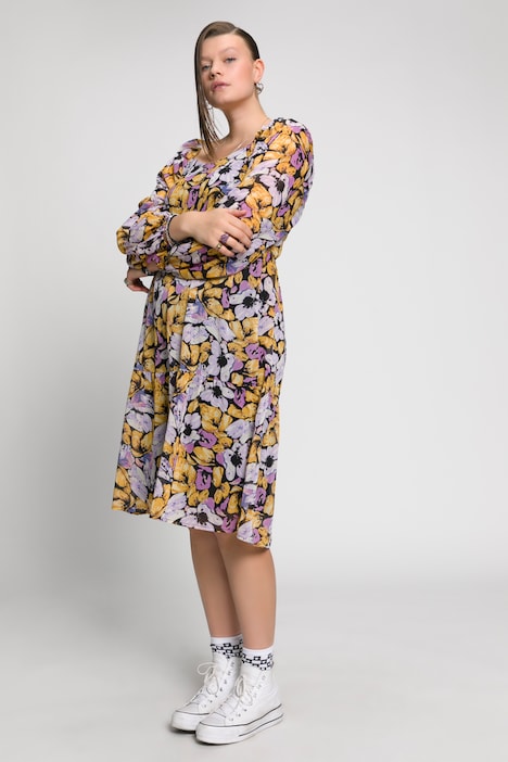 Blumen-Kleid, A-Line, Carree-Ausschnitt, Langarm, Jersey-Unterkleid