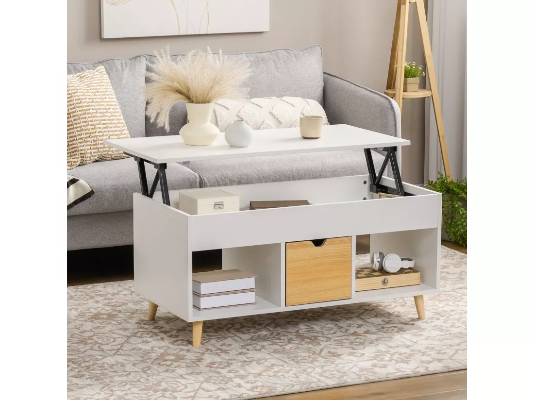 Table basse relevable - tiroir, 2 niches, coffre - dim. 100L x 50l x 49H cm - bois clair blanc