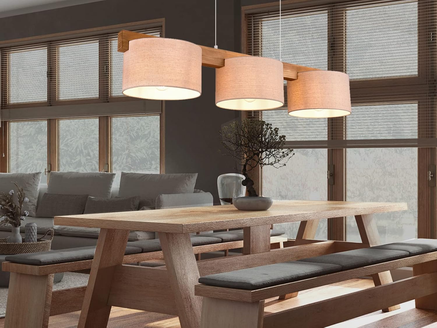 meineWunschleuchte Holzbalken Pendelleuchte 3 flammig mit Stoff Lampenschirmen in Beige, Breite 100cm