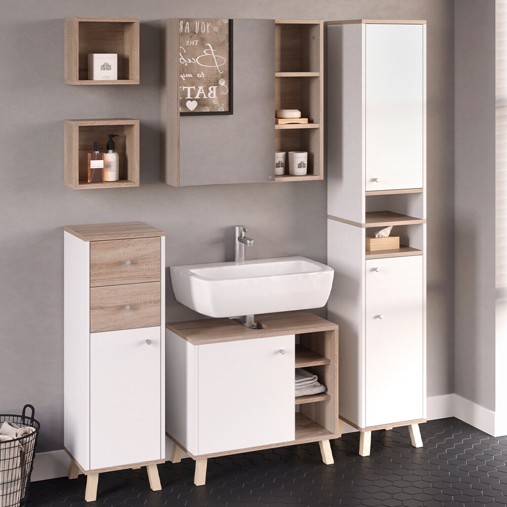 Vicco Midischrank Badschrank Badregal Senyo Sonoma/Weiß 2 Schubladen Badmöbel