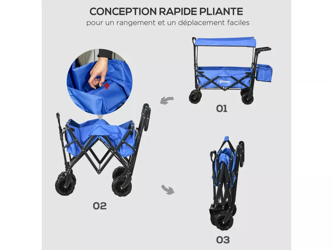 Chariot pliant avec toit, poignée, panier - chariot de plage - chariot de transport pliable tout-terrain métal noir oxford bleu