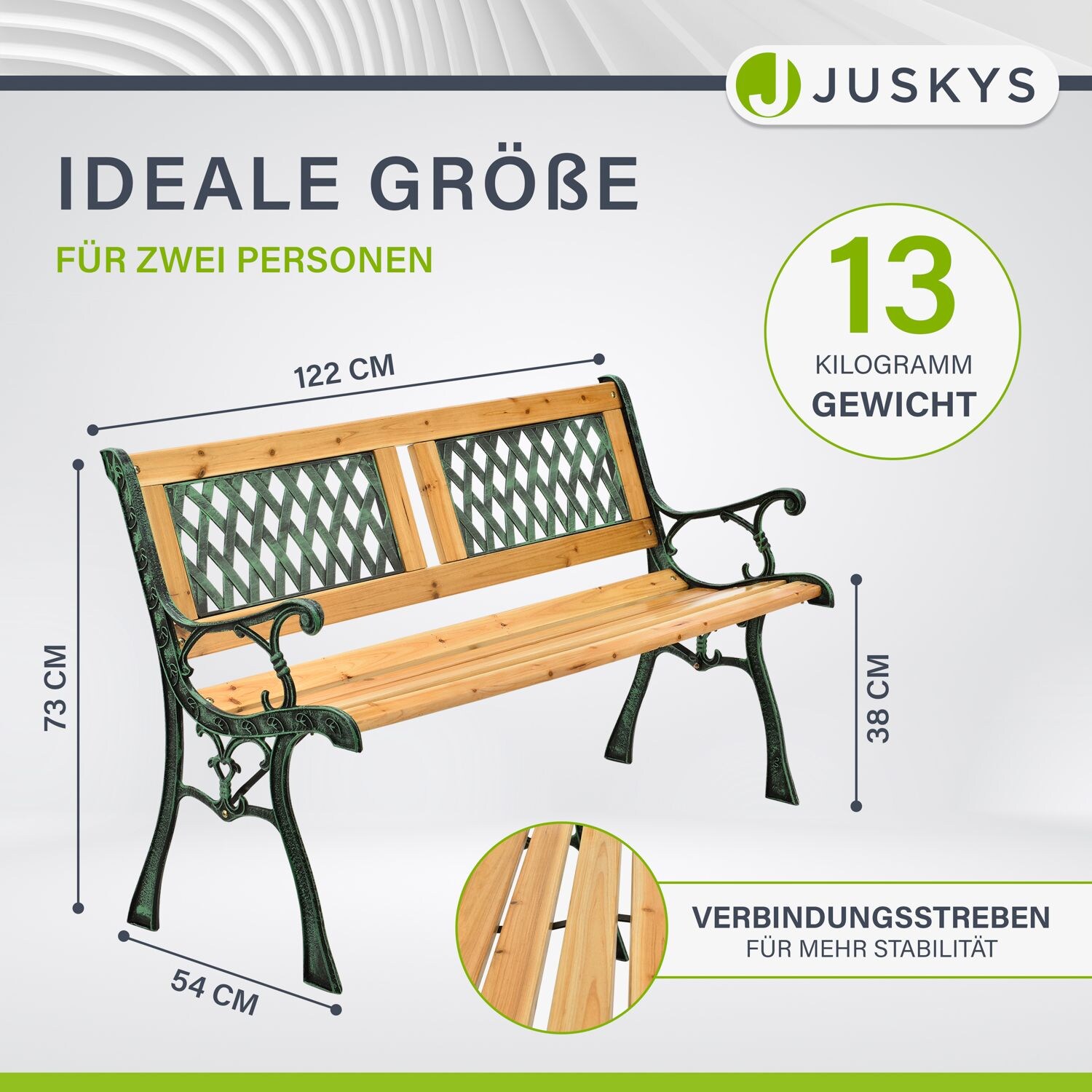 Juskys Gartenbank Sanremo – 2-Sitzer Sitzbank mit Armlehnen & Rückenlehne – 122x54x73 cm