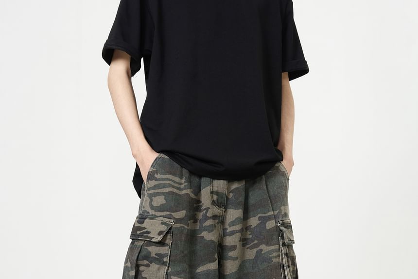 Adotuiastic - Mid Rise Camo Print Washed Wide Leg Cargo Jeans