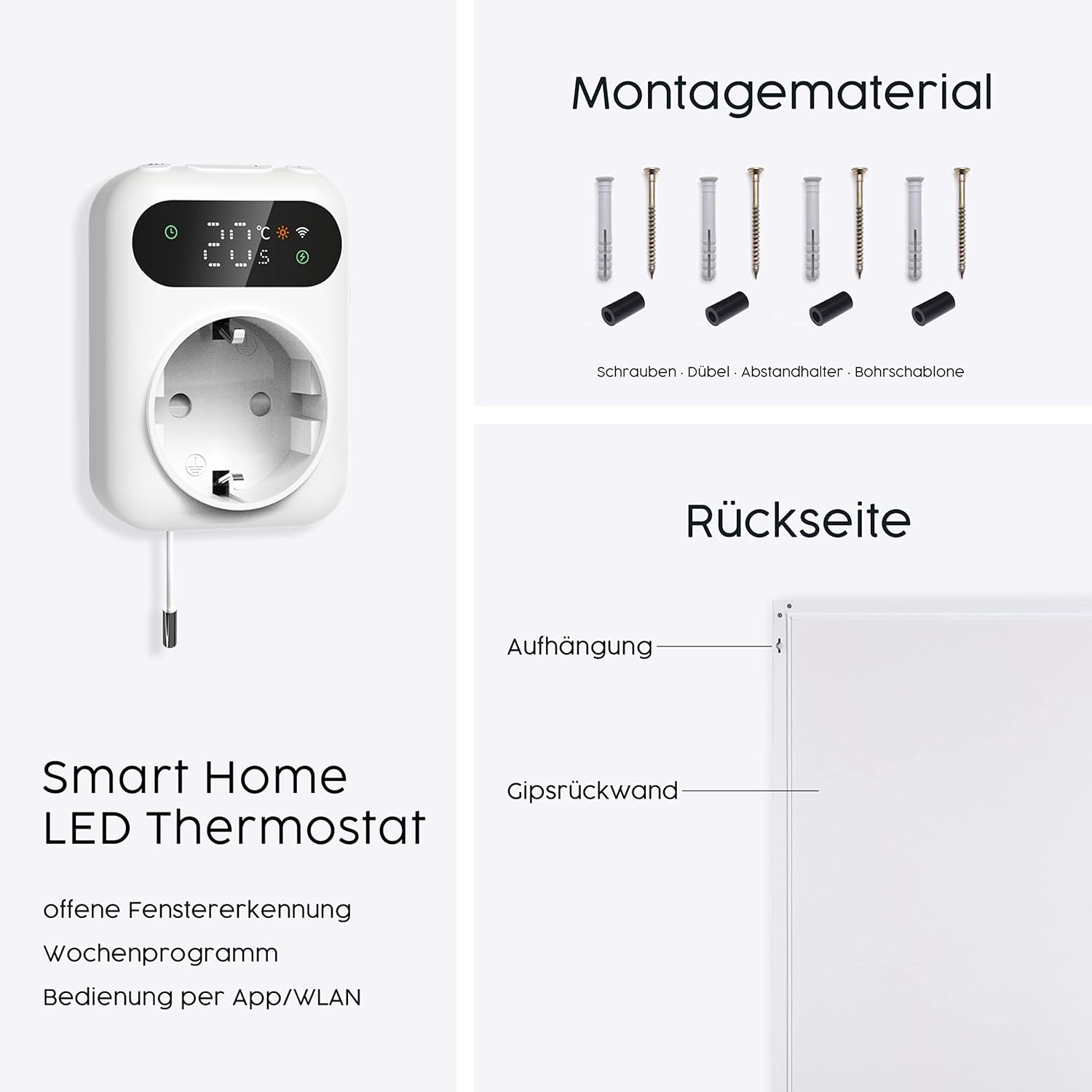 Könighaus Infrarotheizung - 300 Watt mit TÜV SÜD + 5 Jahre Herstellergarantie ✓ Doppelter Überhitzungsschutz ✓ Für Wandmontage ✓ inkl. Smart Thermostat und App