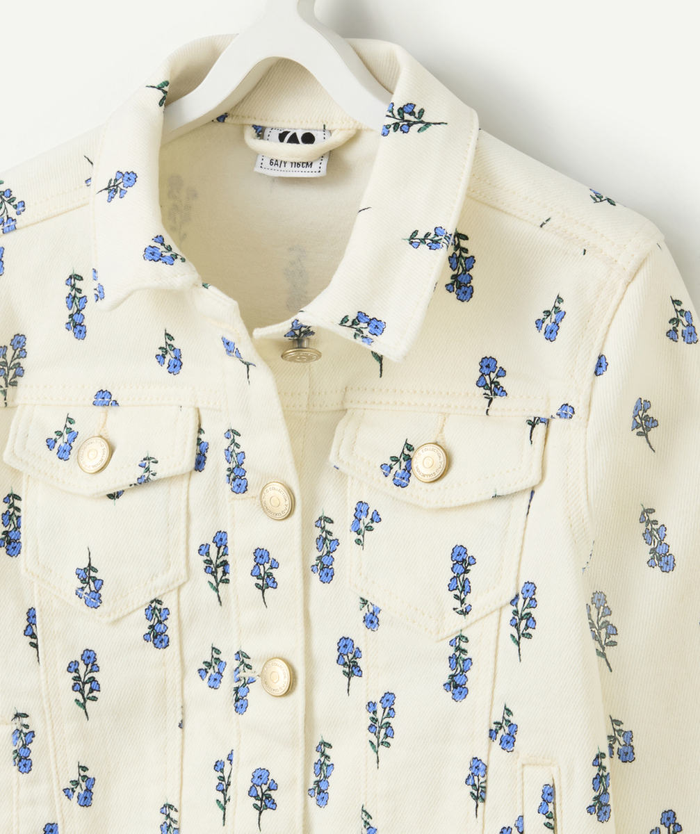 veste fille en fibres recyclées écrue et imprimée fleurie vert et bleu